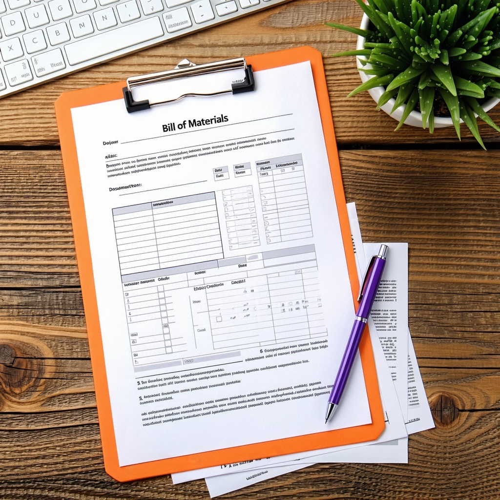 a wooden desk with a Bill of Materials document on an orange clipboard next to a keyboard plant pen with other documents under the clipboard-1 a wooden desk with a Bill of Materials document on an orange clipboard next to a keyboard plant pen with other documents under the clipboard-1